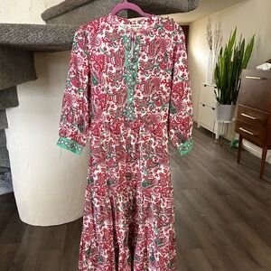 BODEN cotton collarless top button tiered cotton maxi dress NWT 12